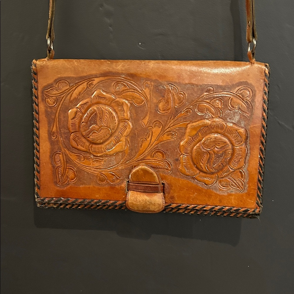 Vintage Tooled Leather Shoulder Bag Floral Embossed Brown